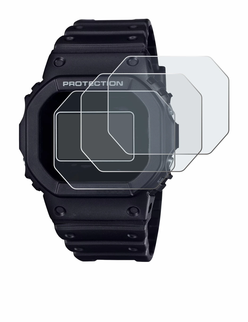 Image de l'appareil Casio G-Shock DW-5600RL-1 avec une grande variété de protections d'écran.