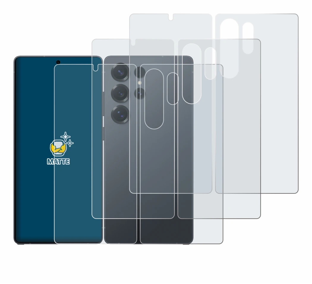 Image de l'appareil Samsung Galaxy S25 Ultra (Avant+Arrière) avec une grande variété de protections d'écran.