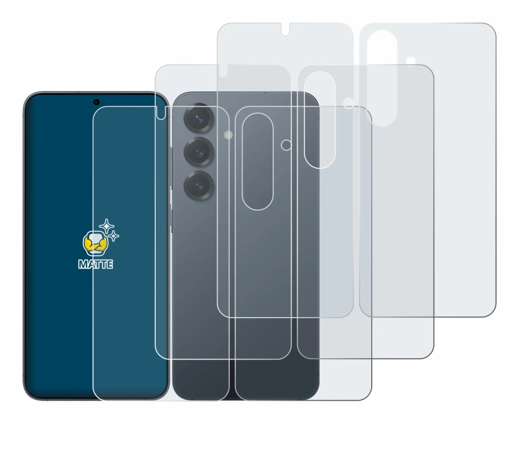 Image de l'appareil Samsung Galaxy S25 (Avant+Arrière) avec une grande variété de protections d'écran.