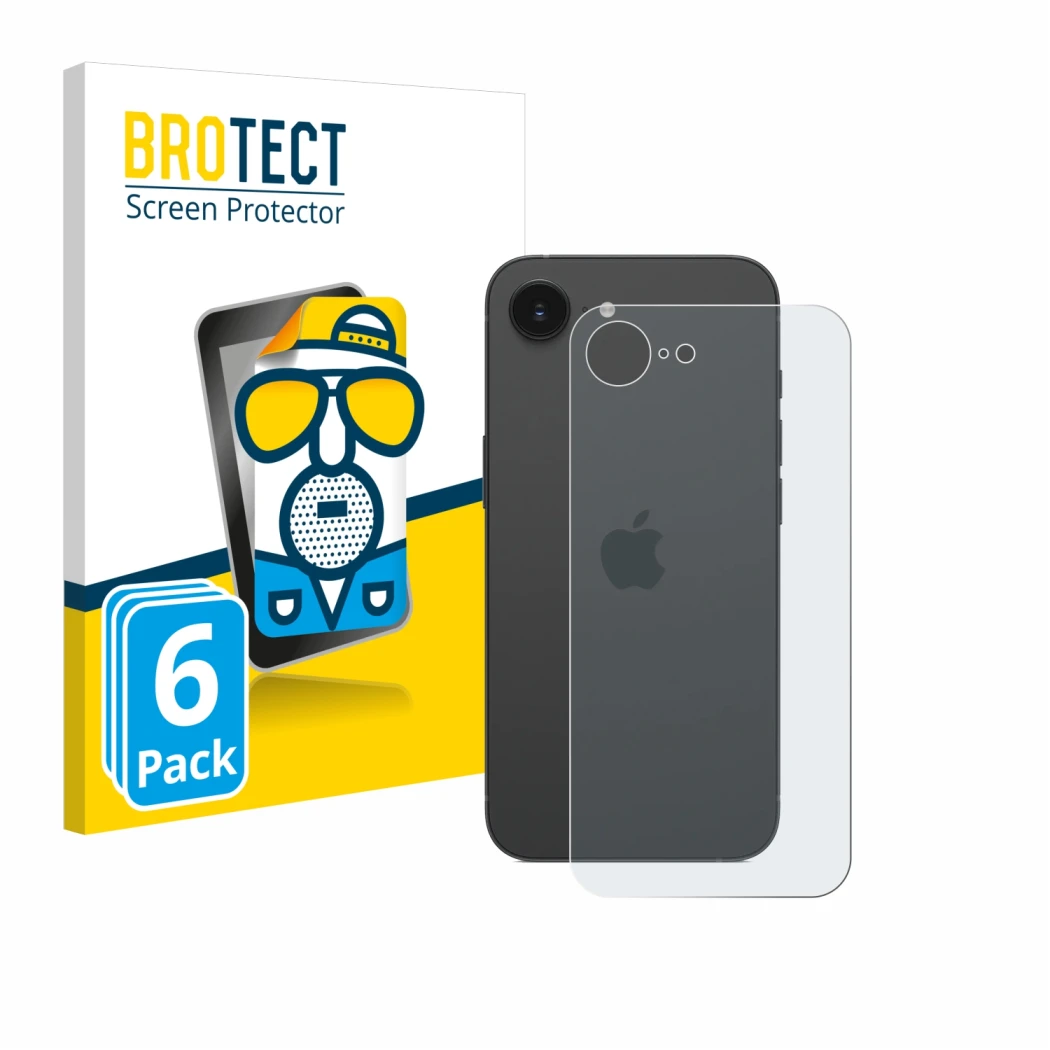 Face avant d’un emballage produit avec le logo de la marque BROTECT. À côté, l’appareil Apple iPhone 16e (Arrière) est représe