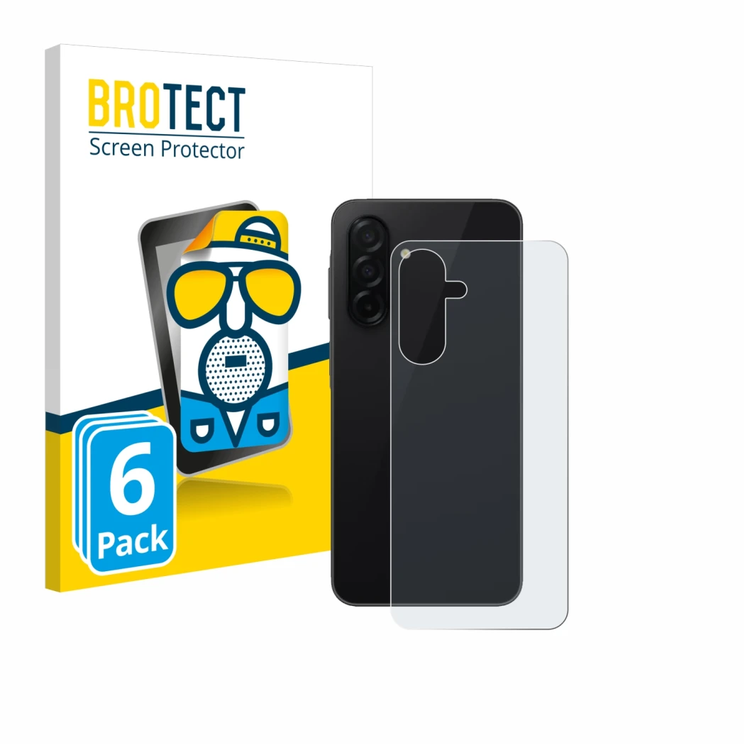 Face avant d’un emballage produit avec le logo de la marque BROTECT. À côté, l’appareil Samsung Galaxy A26 5G (Arrière) est re