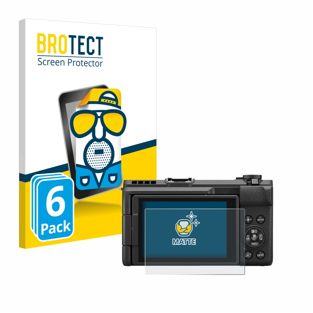 Face avant d’un emballage produit avec le logo de la marque BROTECT. À côté, l’appareil Canon PowerShot V1 est représenté avec