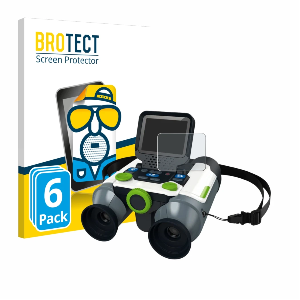 Face avant d’un emballage produit avec le logo de la marque BROTECT. À côté, l’appareil Vtech Jumelles vidéo interactive est r