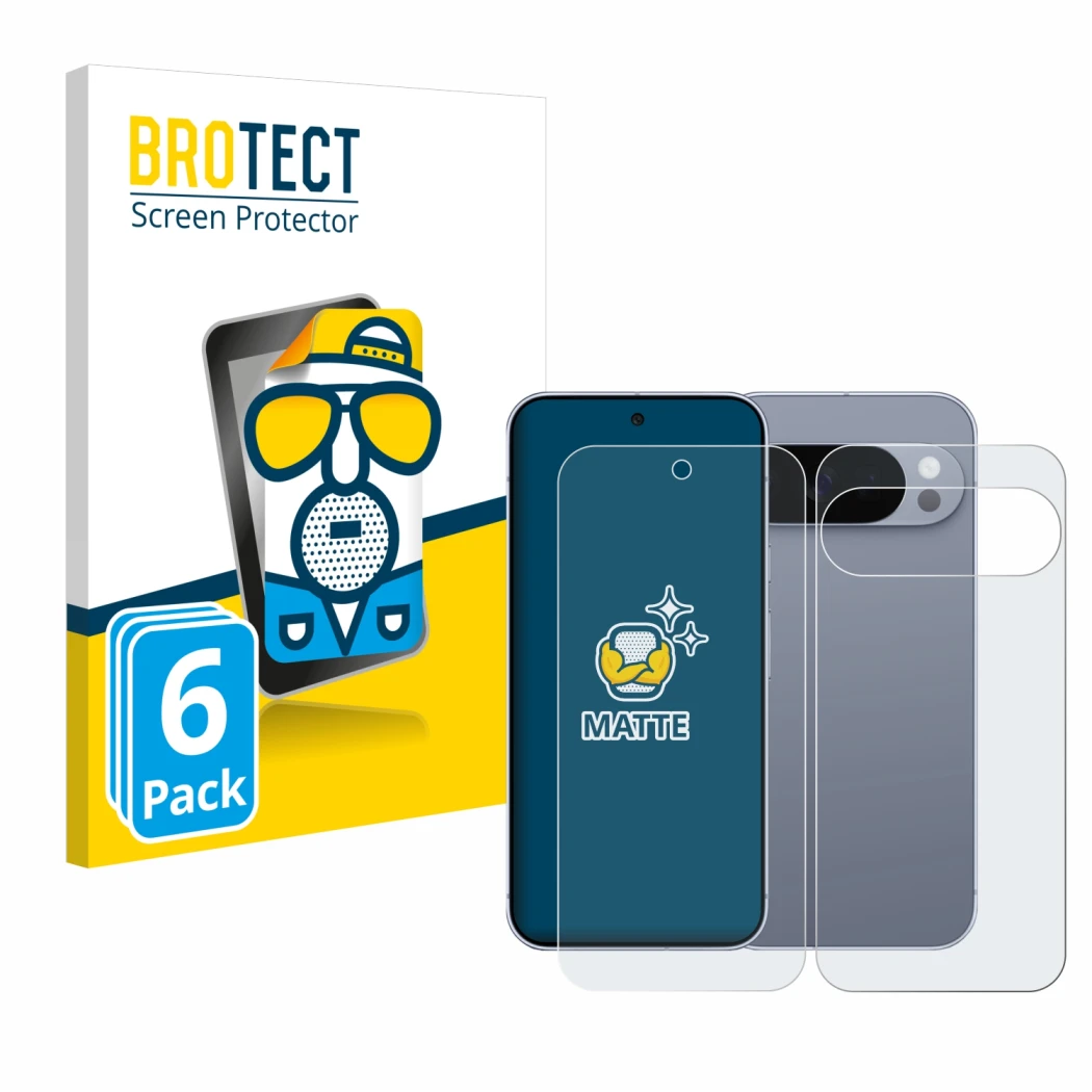 Face avant d’un emballage produit avec le logo de la marque BROTECT. À côté, l’appareil Google Pixel 10 Pro (Avant+Arrière) es