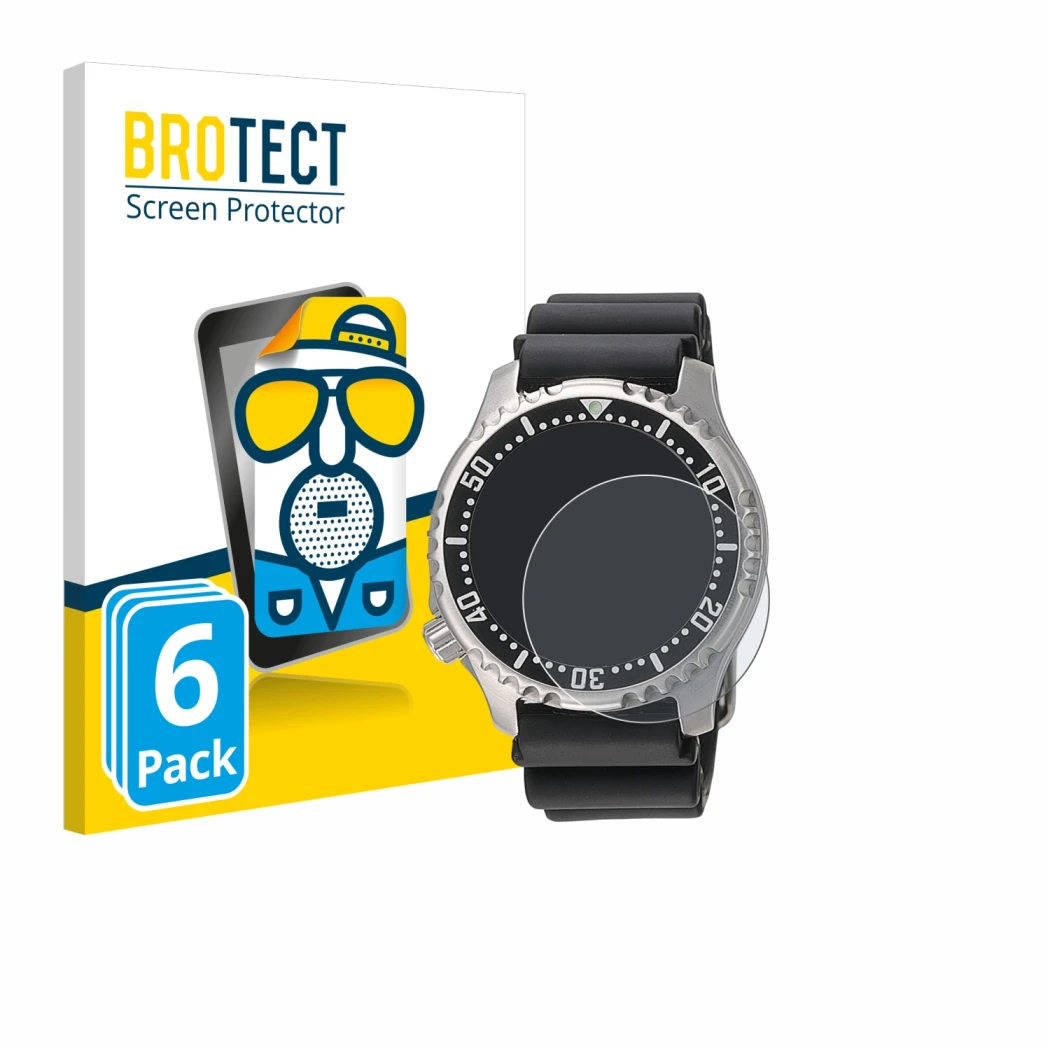Face avant d’un emballage produit avec le logo de la marque BROTECT. À côté, l’appareil Citizen NY0040 est représenté avec la