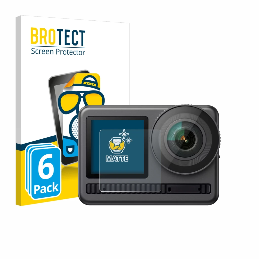 Face avant d’un emballage produit avec le logo de la marque BROTECT. À côté, l’appareil Akaso Brave 8 (Affichage avant) est re