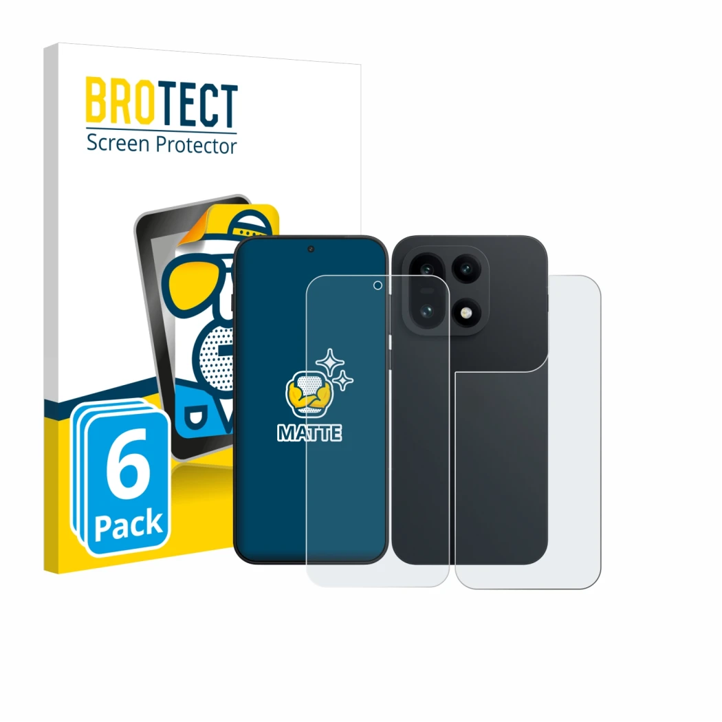 Face avant d’un emballage produit avec le logo de la marque BROTECT. À côté, l’appareil OnePlus 15 (Avant+Arrière) est représe