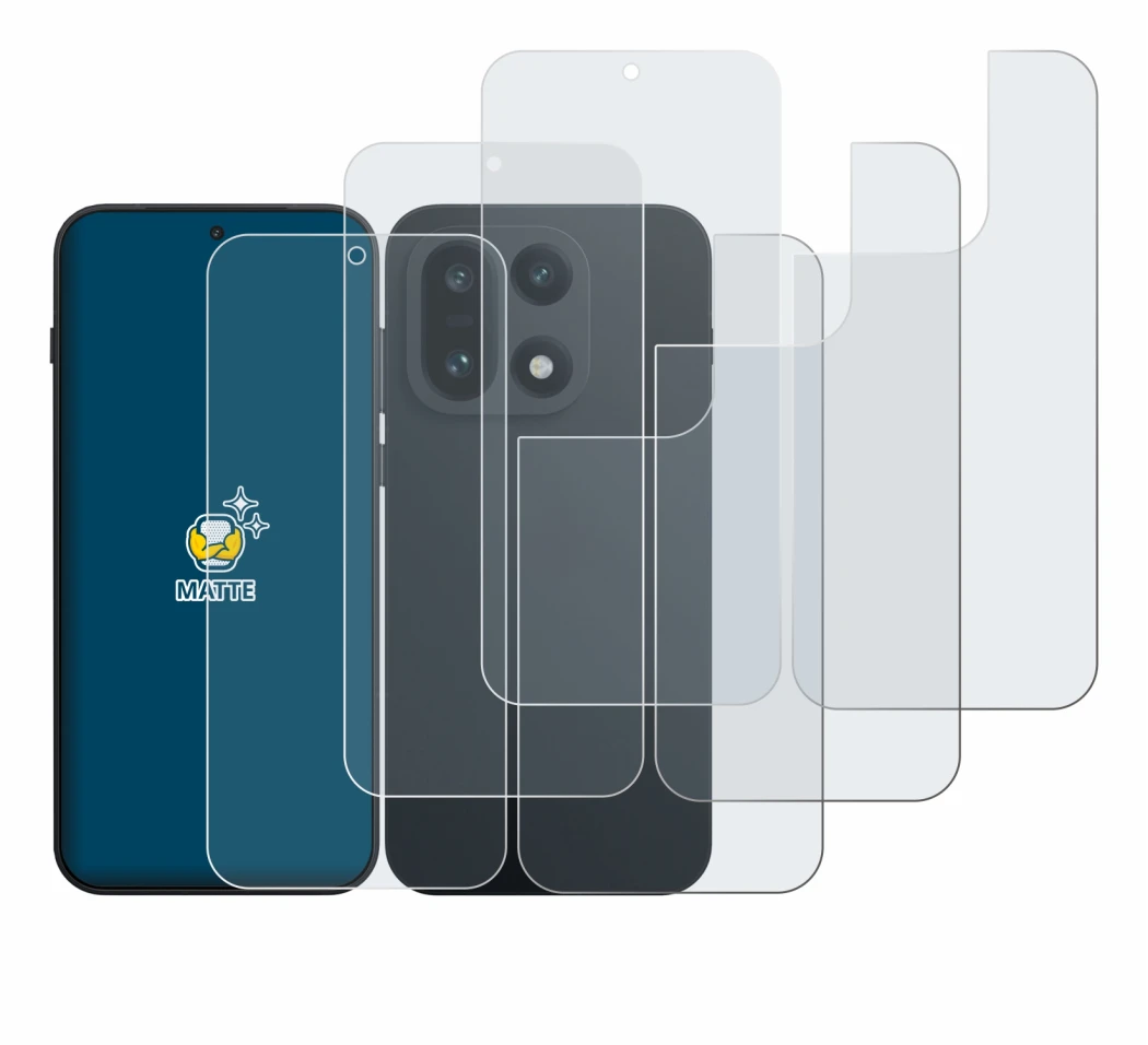Image de l'appareil OnePlus 15 (Avant+Arrière) avec une grande variété de protections d'écran.