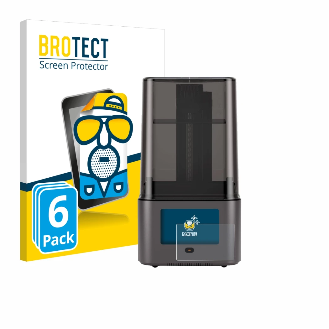 Face avant d’un emballage produit avec le logo de la marque BROTECT. À côté, l’appareil Anycubic Photon Mono 4 Ultra est repré