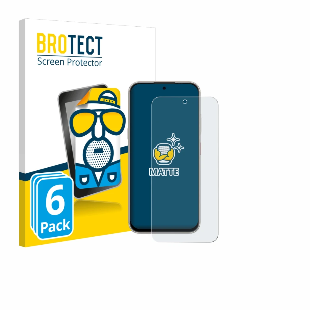 Face avant d’un emballage produit avec le logo de la marque BROTECT. À côté, l’appareil Nubia V80 Pro est représenté avec la p