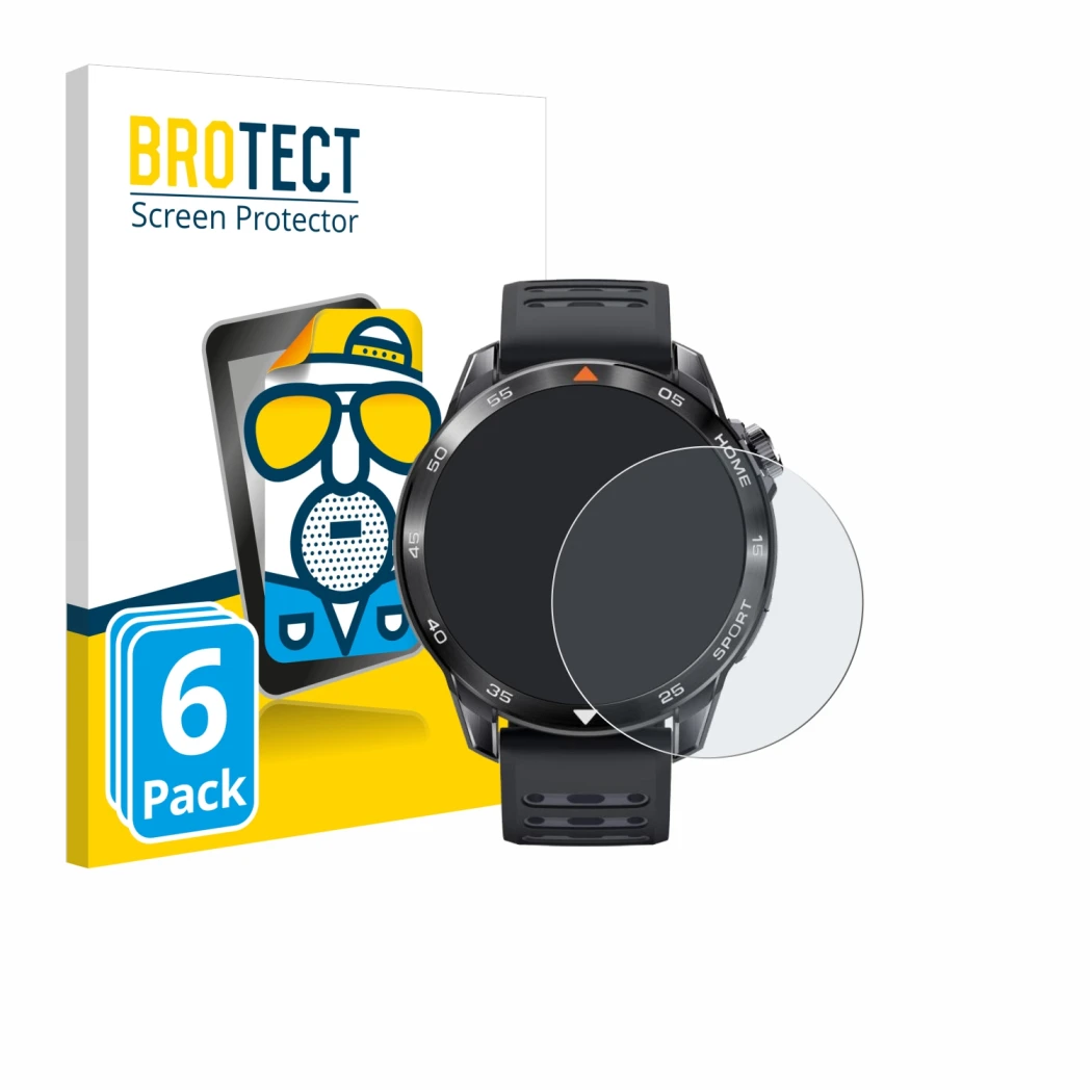 Face avant d’un emballage produit avec le logo de la marque BROTECT. À côté, l’appareil Xiaomi Mibro GS Pro 2 est représenté a