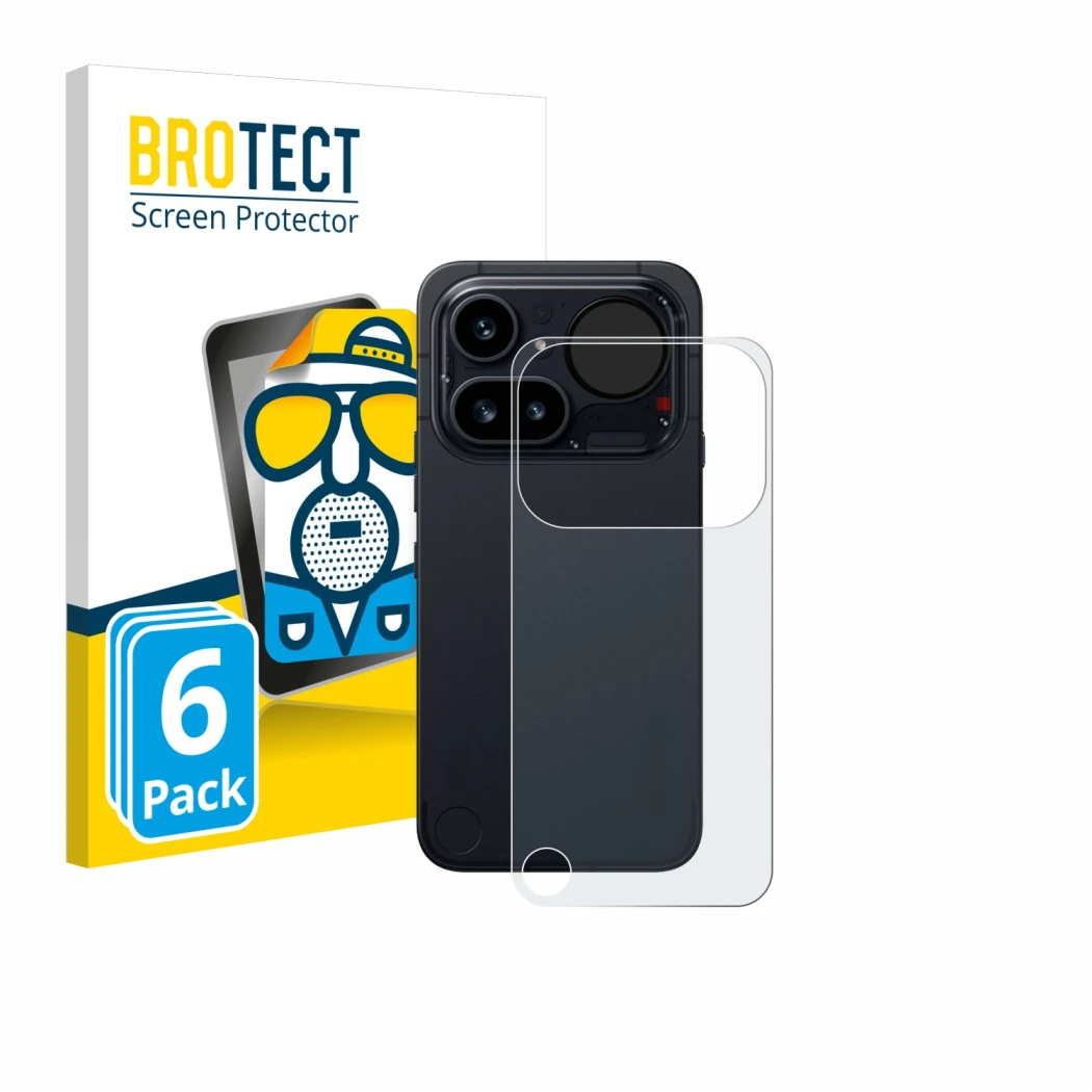 Face avant d’un emballage produit avec le logo de la marque BROTECT. À côté, l’appareil Nothing Phone (4a) Pro (Arrière) est r