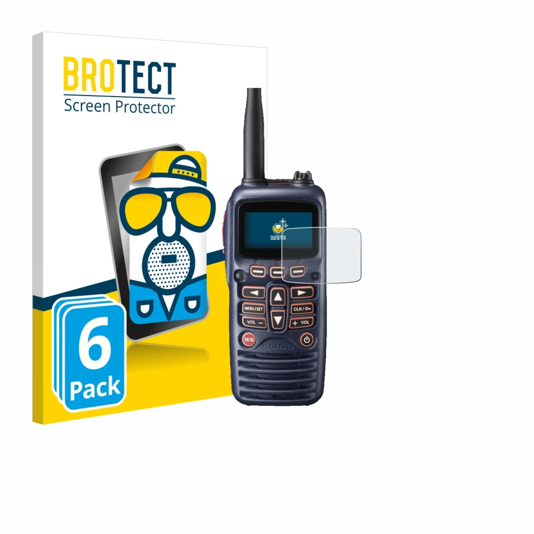 Face avant d’un emballage produit avec le logo de la marque BROTECT. À côté, l’appareil Standard Horizon HX320E est représenté