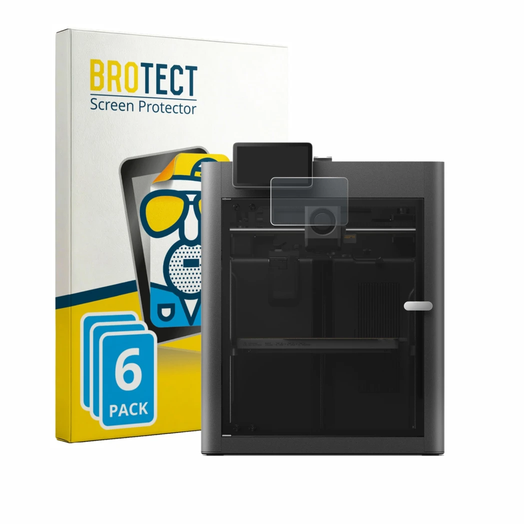 Face avant d’un emballage produit avec le logo de la marque BROTECT. À côté, l’appareil Bambu Lab X2D est représenté avec la p