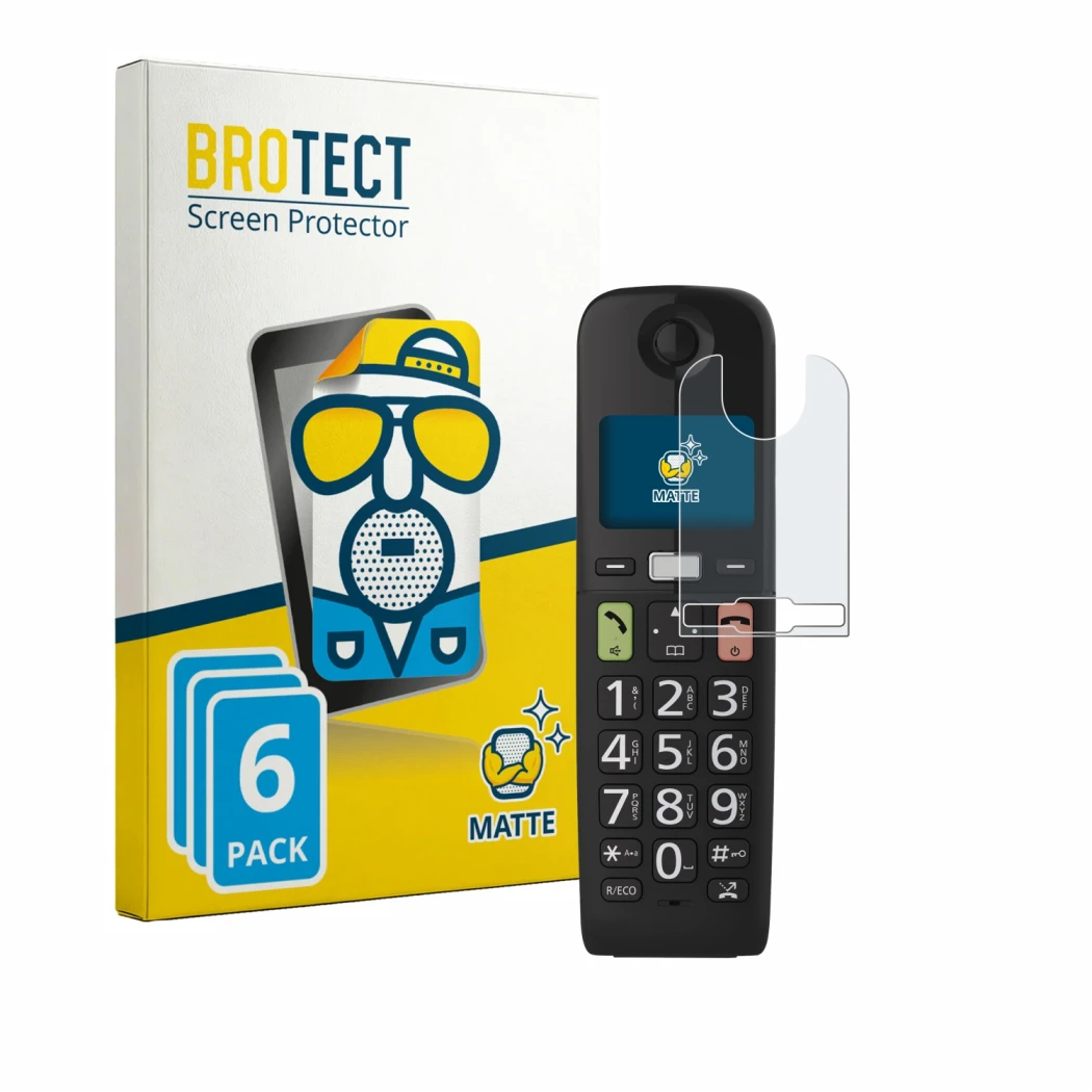Face avant d’un emballage produit avec le logo de la marque BROTECT. À côté, l’appareil Panasonic KX-TGU130 est représenté ave