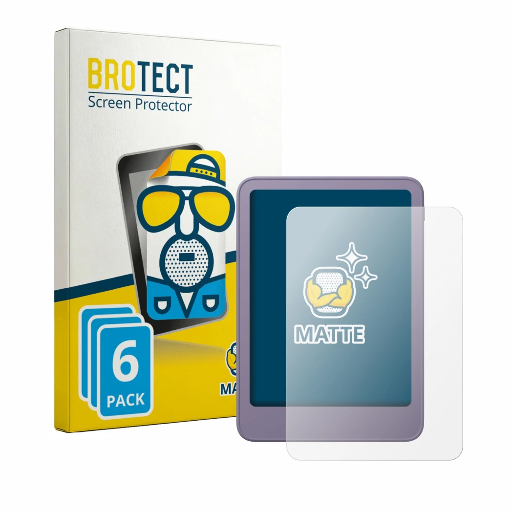 Face avant d’un emballage produit avec le logo de la marque BROTECT. À côté, l’appareil Amazon Kindle 2026 est représenté avec
