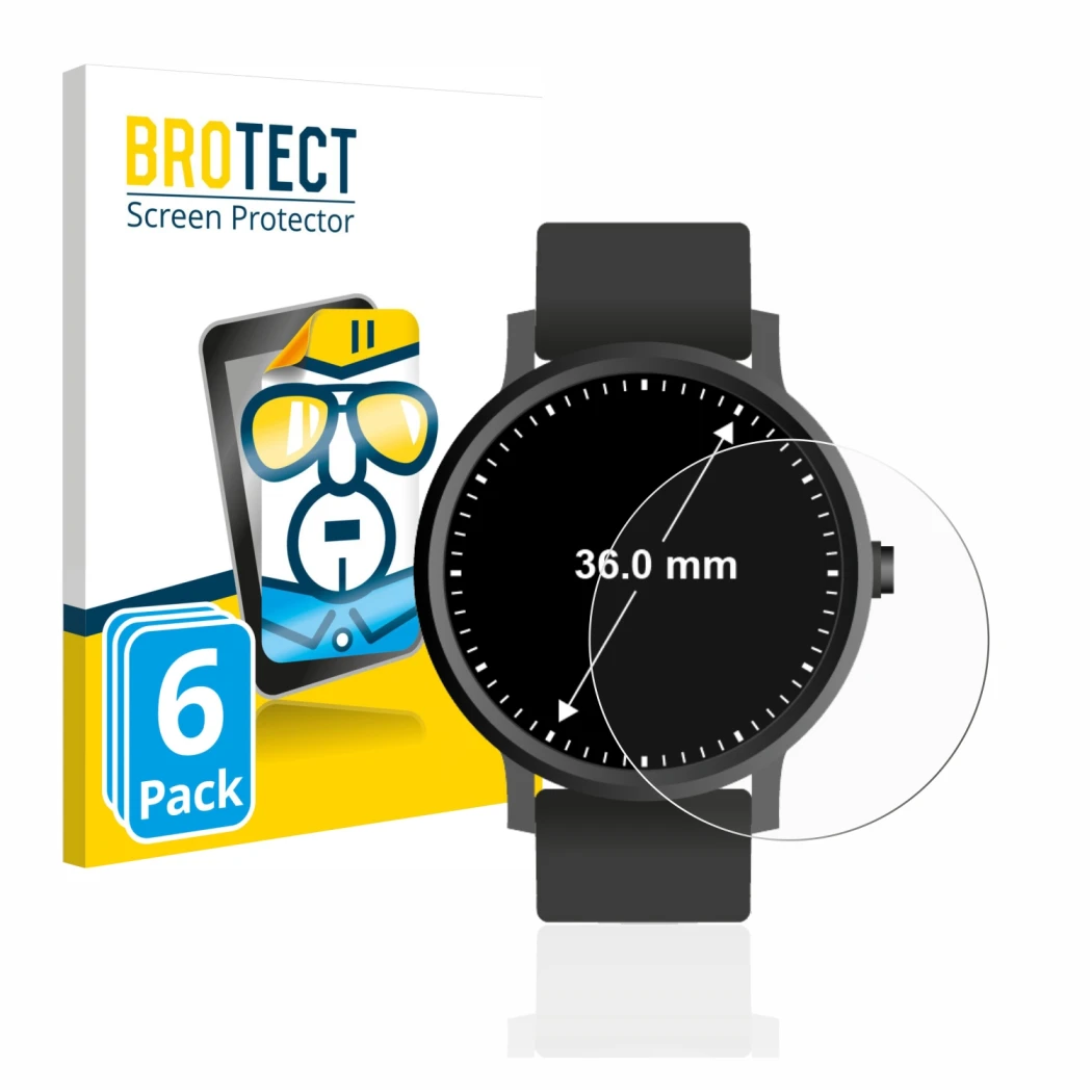 Face avant d’un emballage produit avec le logo de la marque BROTECT. À côté, l’appareil Montres (Circulaire, ø: 36 mm) est rep