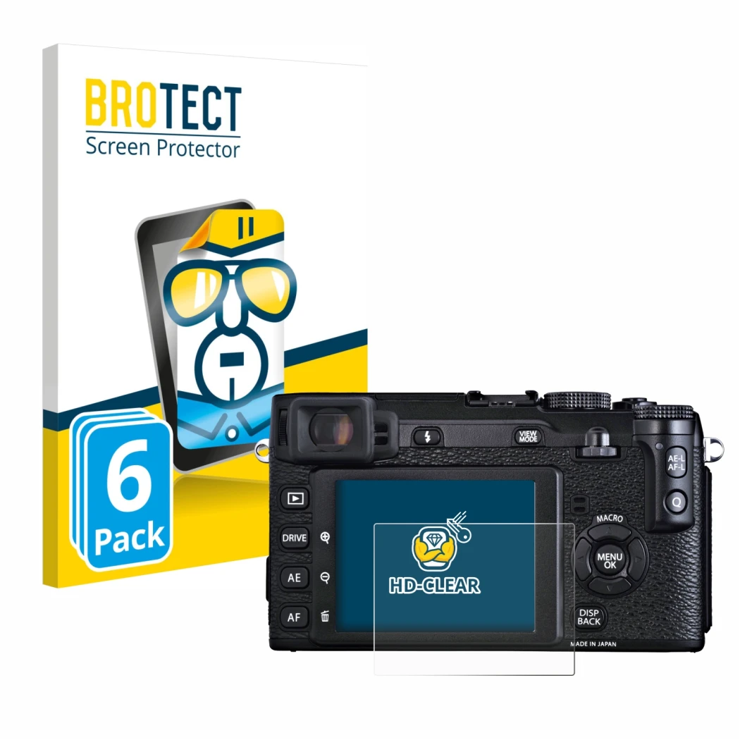 Face avant d’un emballage produit avec le logo de la marque BROTECT. À côté, l’appareil Fujifilm X-E1 est représenté avec la p