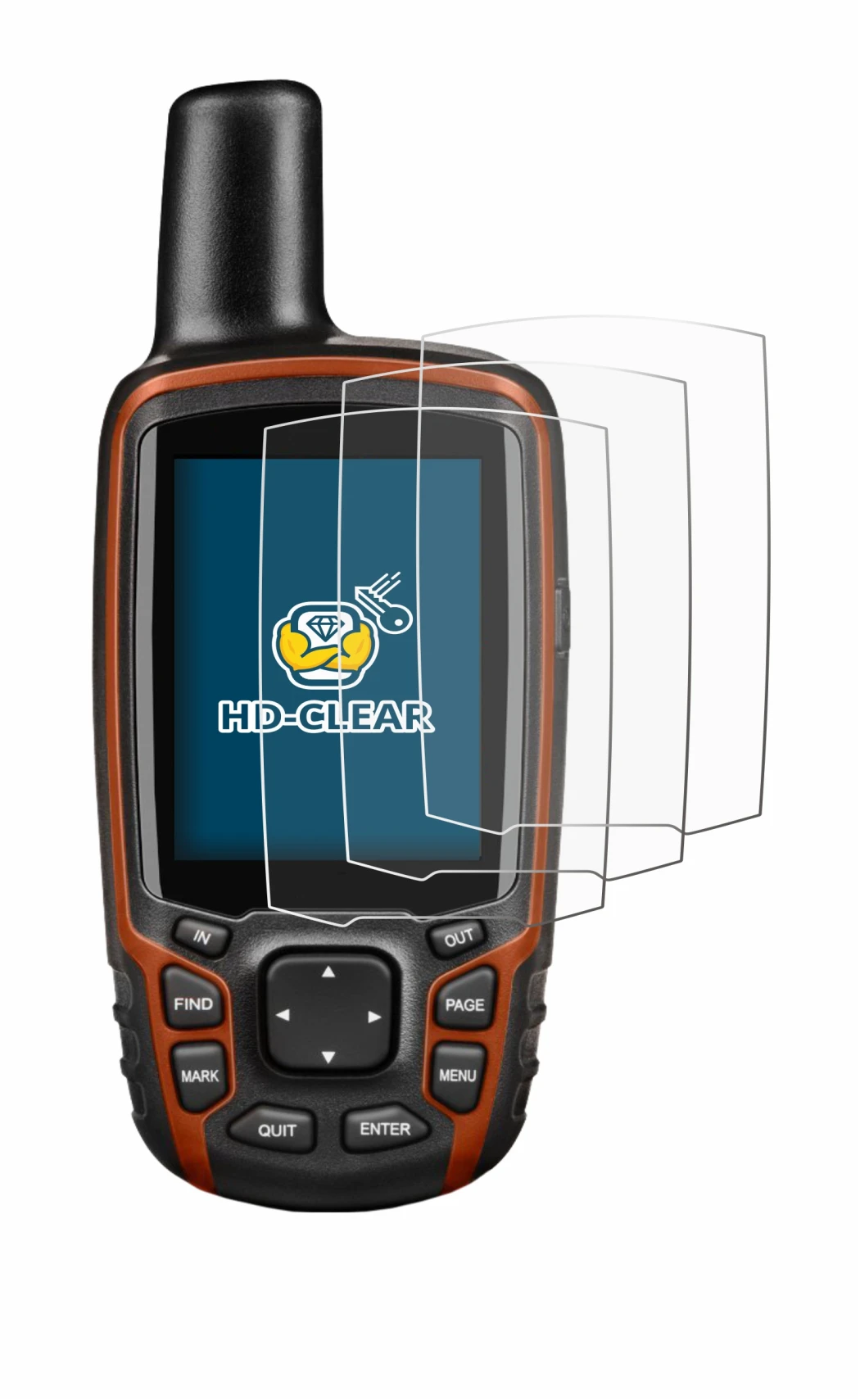 Image de l'appareil Garmin GPSMAP 64s avec une grande variété de protections d'écran.