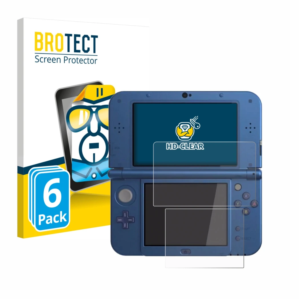 Face avant d’un emballage produit avec le logo de la marque BROTECT. À côté, l’appareil Nintendo New 3DS XL est représenté ave