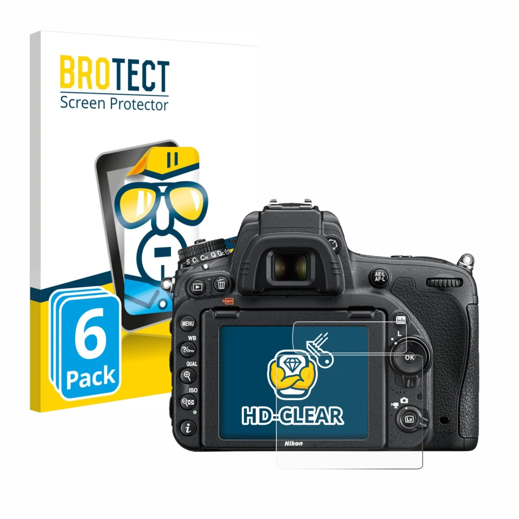 Face avant d’un emballage produit avec le logo de la marque BROTECT. À côté, l’appareil Nikon D750 est représenté avec la prot