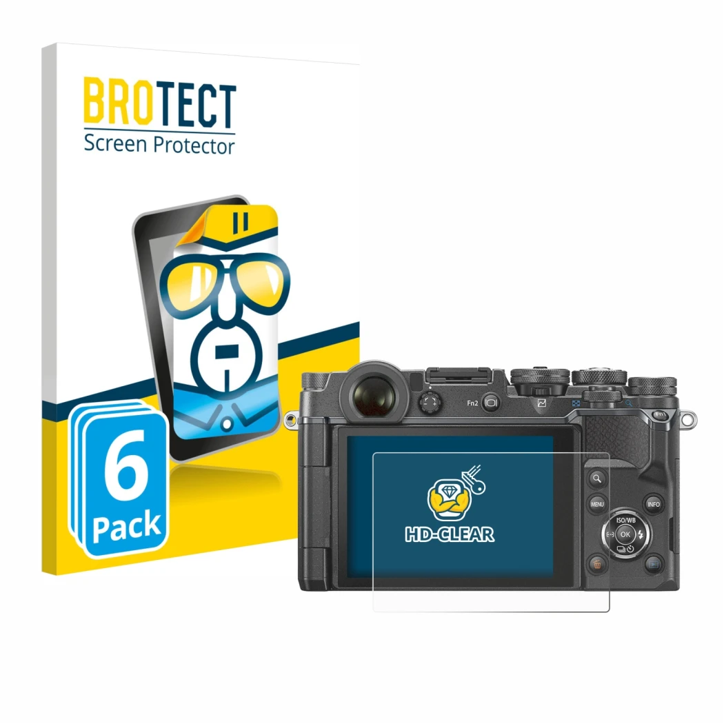 Face avant d’un emballage produit avec le logo de la marque BROTECT. À côté, l’appareil Olympus PEN-F est représenté avec la p