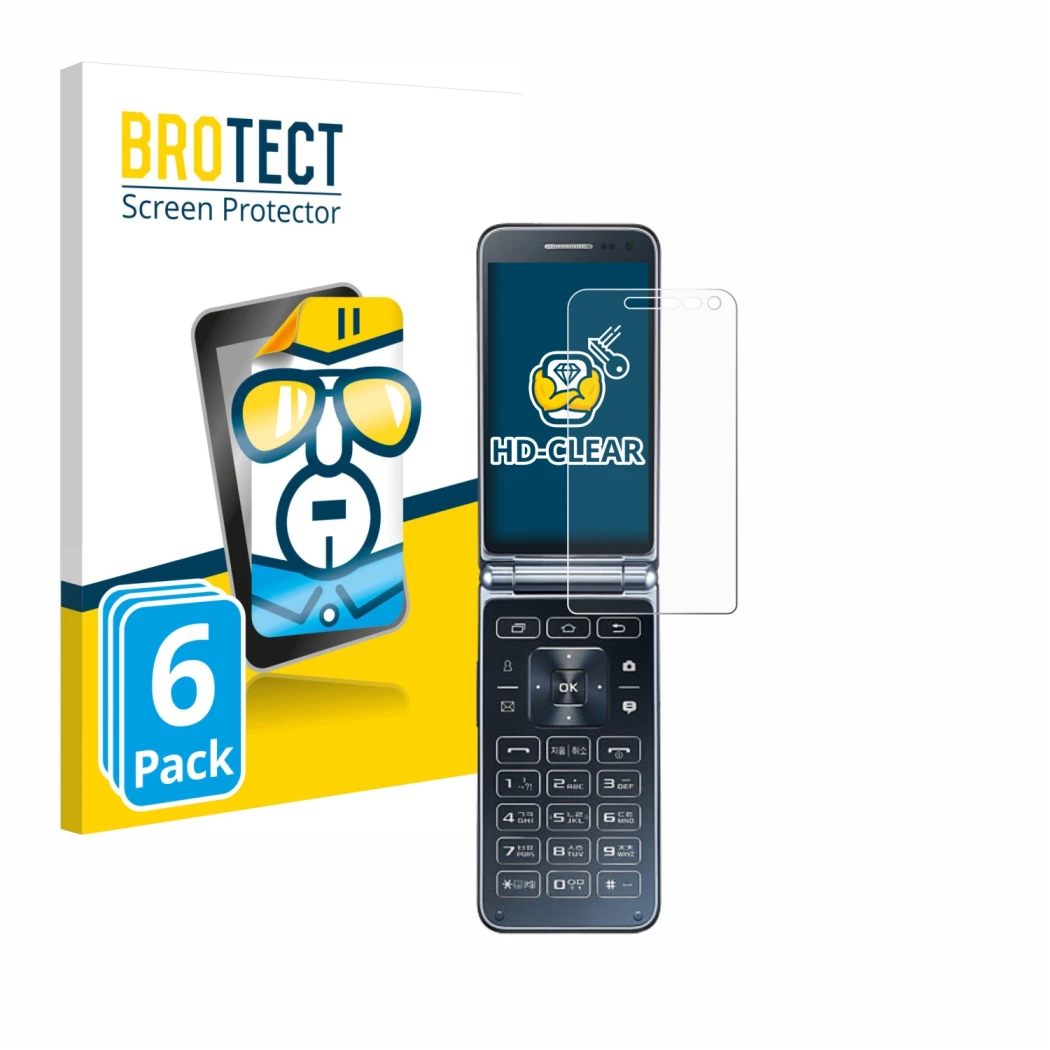 Face avant d’un emballage produit avec le logo de la marque BROTECT. À côté, l’appareil Samsung Galaxy Folder 2 est représenté