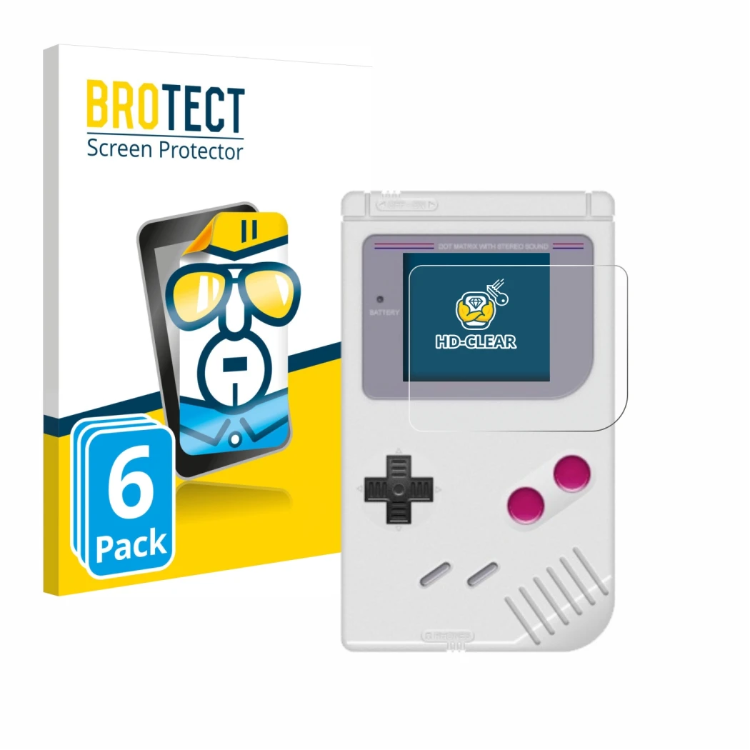 Face avant d’un emballage produit avec le logo de la marque BROTECT. À côté, l’appareil Nintendo Gameboy (1989) est représenté