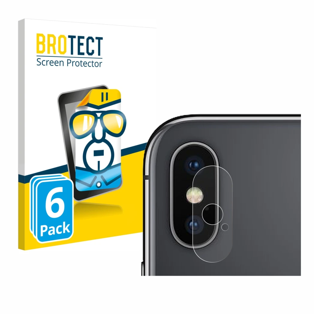 Face avant d’un emballage produit avec le logo de la marque BROTECT. À côté, l’appareil Apple iPhone X (Caméra UNIQUEMENT) est