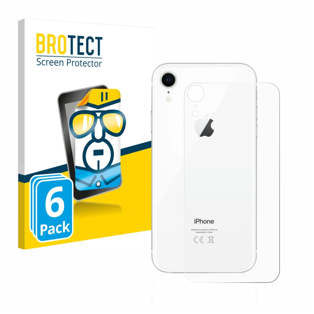 Face avant d’un emballage produit avec le logo de la marque BROTECT. À côté, l’appareil Apple iPhone XR (Le dos) est représent