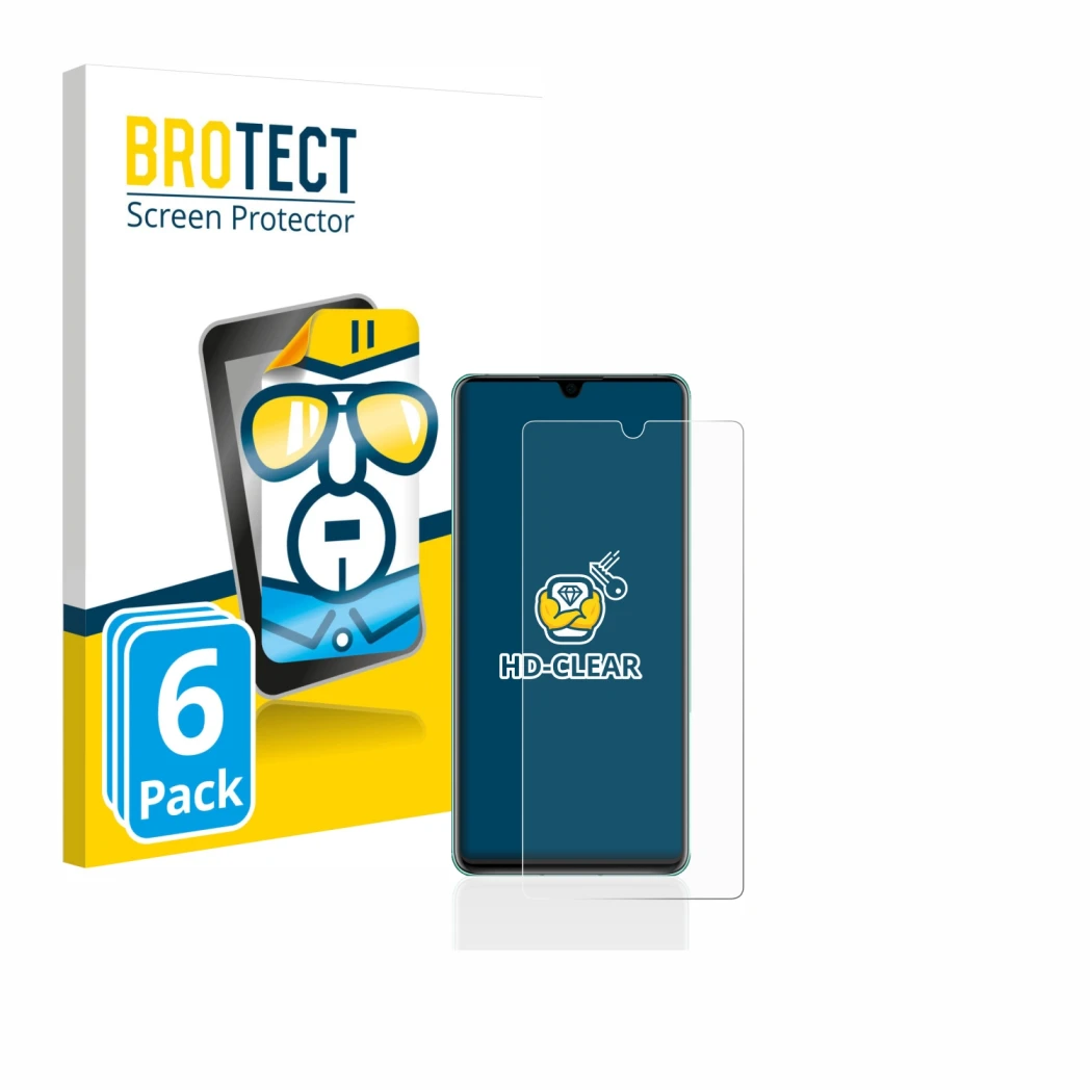 Face avant d’un emballage produit avec le logo de la marque BROTECT. À côté, l’appareil Huawei P30 est représenté avec la prot