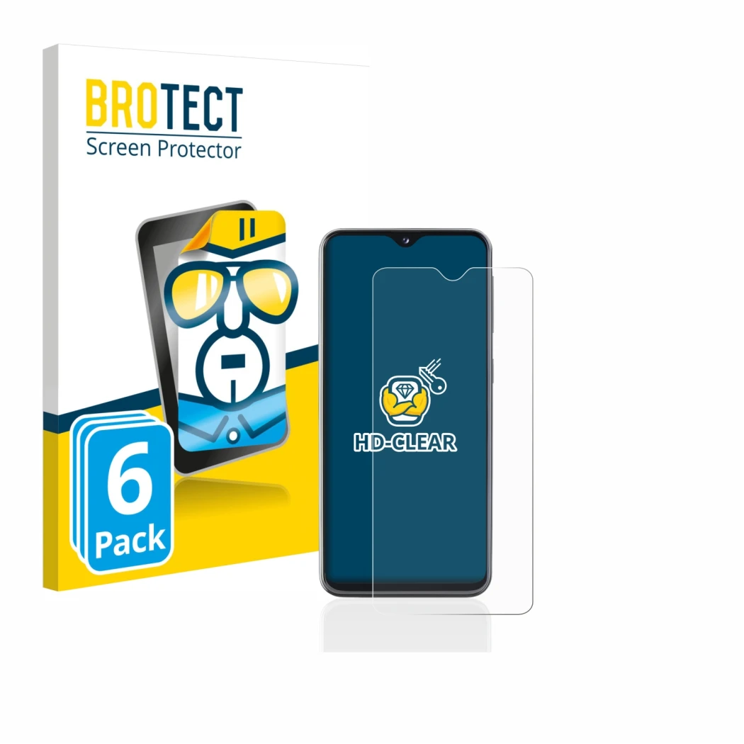 Face avant d’un emballage produit avec le logo de la marque BROTECT. À côté, l’appareil Samsung Galaxy A20e est représenté ave