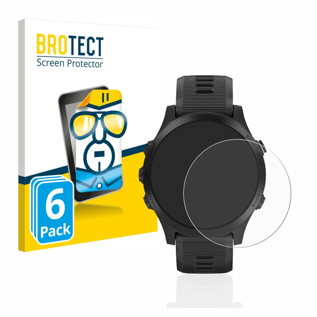 Face avant d’un emballage produit avec le logo de la marque BROTECT. À côté, l’appareil Garmin Forerunner 945 est représenté a