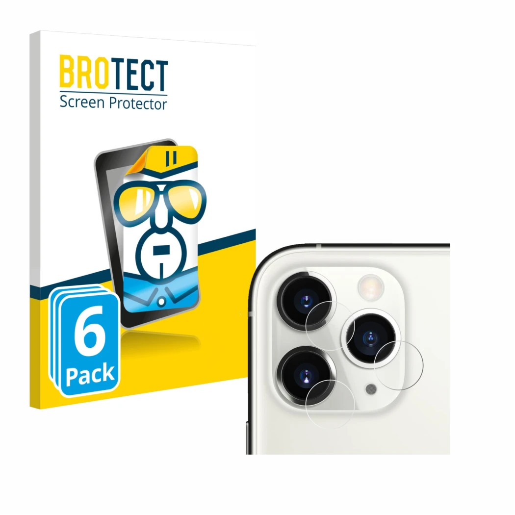 Face avant d’un emballage produit avec le logo de la marque BROTECT. À côté, l’appareil Apple iPhone 11 Pro (Caméra UNIQUEMENT