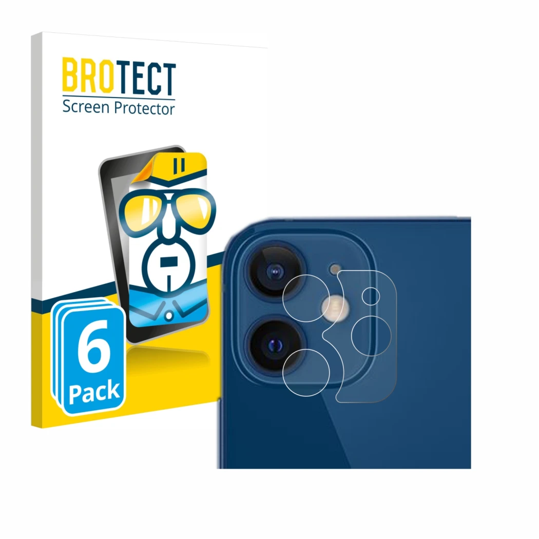 Face avant d’un emballage produit avec le logo de la marque BROTECT. À côté, l’appareil Apple iPhone 12 (Caméra UNIQUEMENT) es