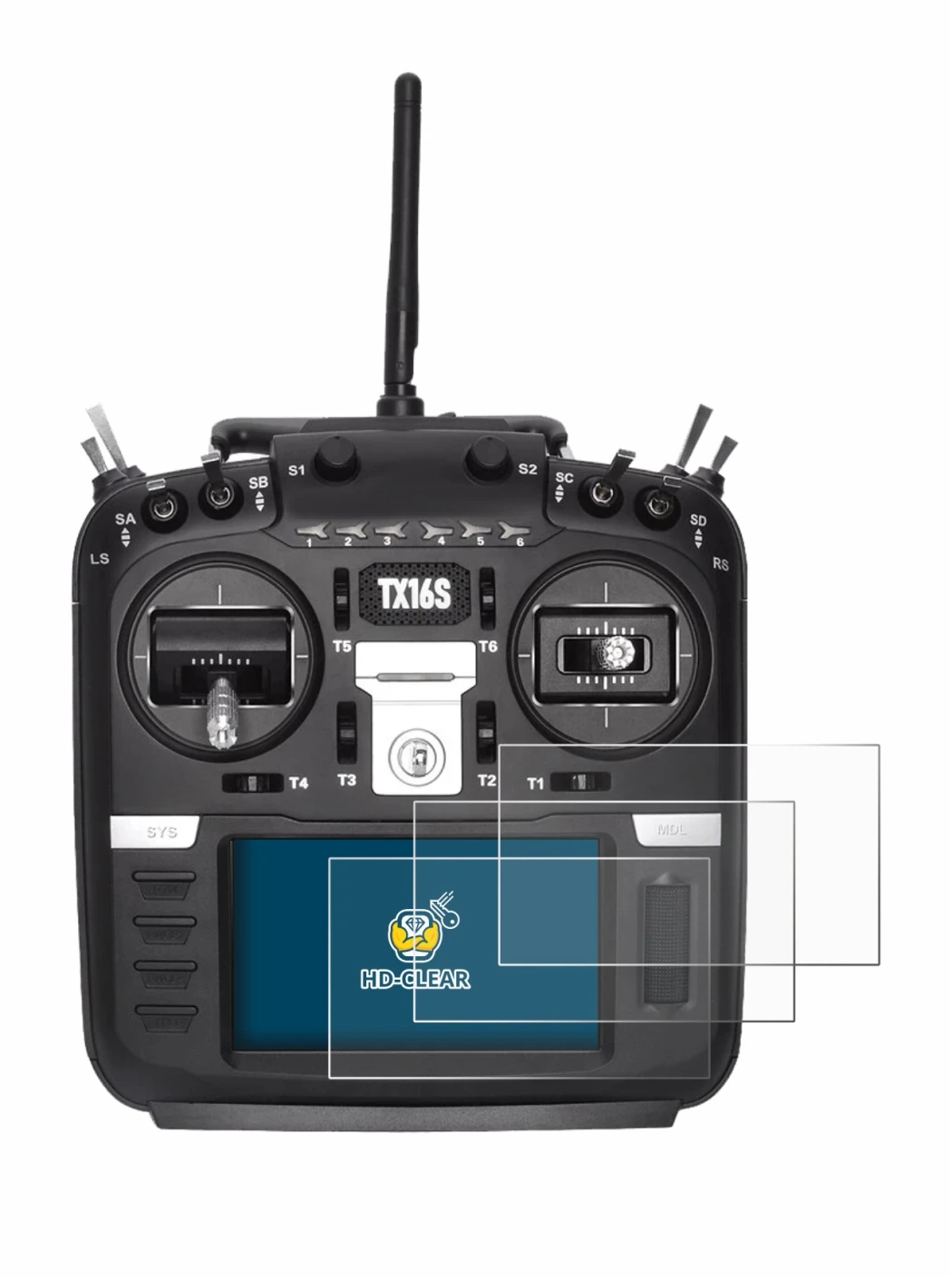 Image de l'appareil Radiomaster TX16S avec une grande variété de protections d'écran.
