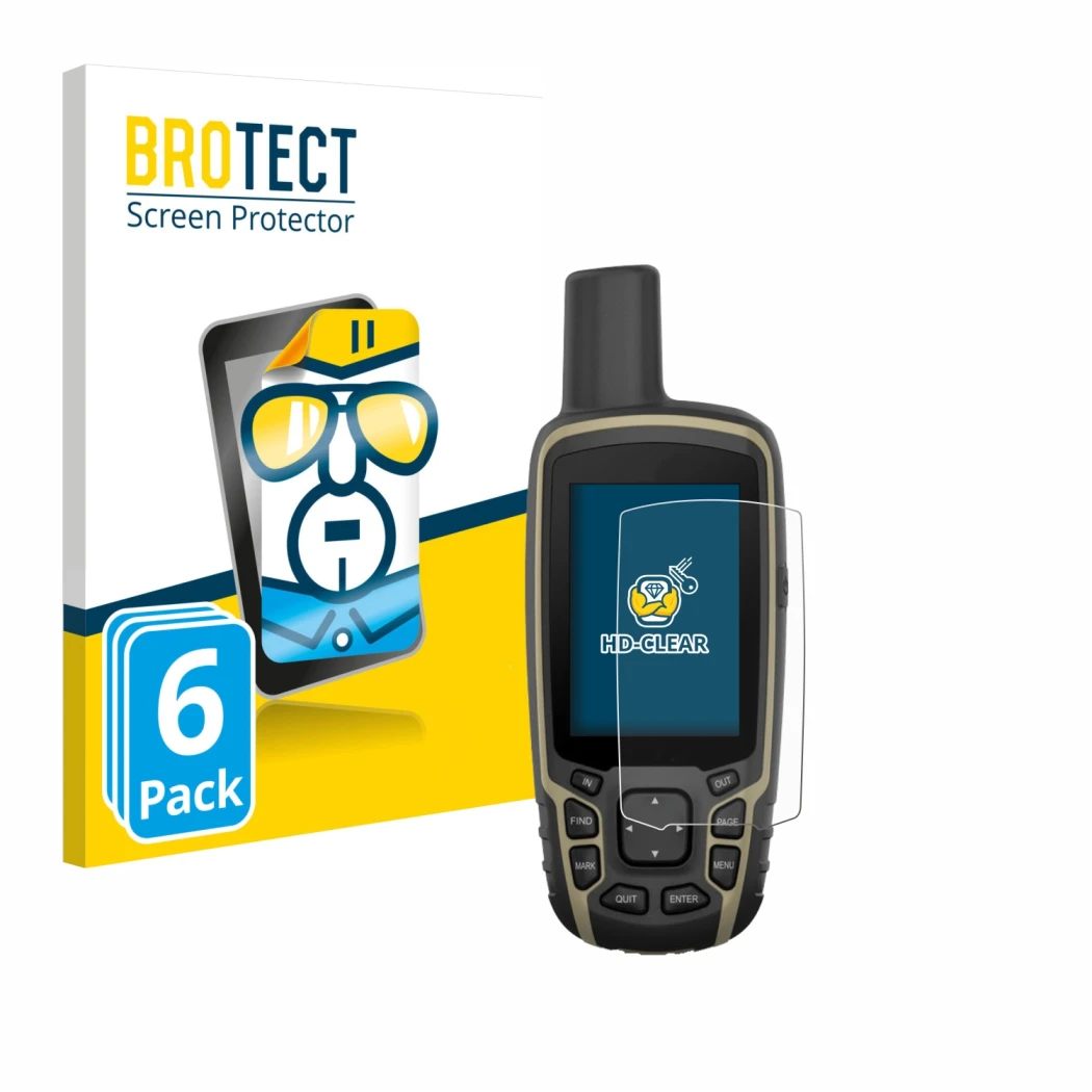 Face avant d’un emballage produit avec le logo de la marque BROTECT. À côté, l’appareil Garmin GPSMAP 65s est représenté avec