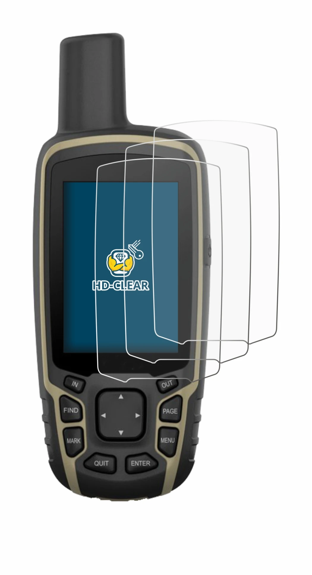 Image de l'appareil Garmin GPSMAP 65s avec une grande variété de protections d'écran.
