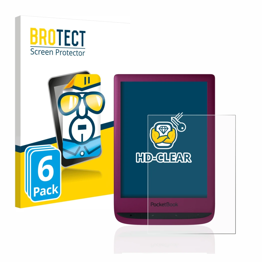 Face avant d’un emballage produit avec le logo de la marque BROTECT. À côté, l’appareil PocketBook Touch Lux 5 est représenté