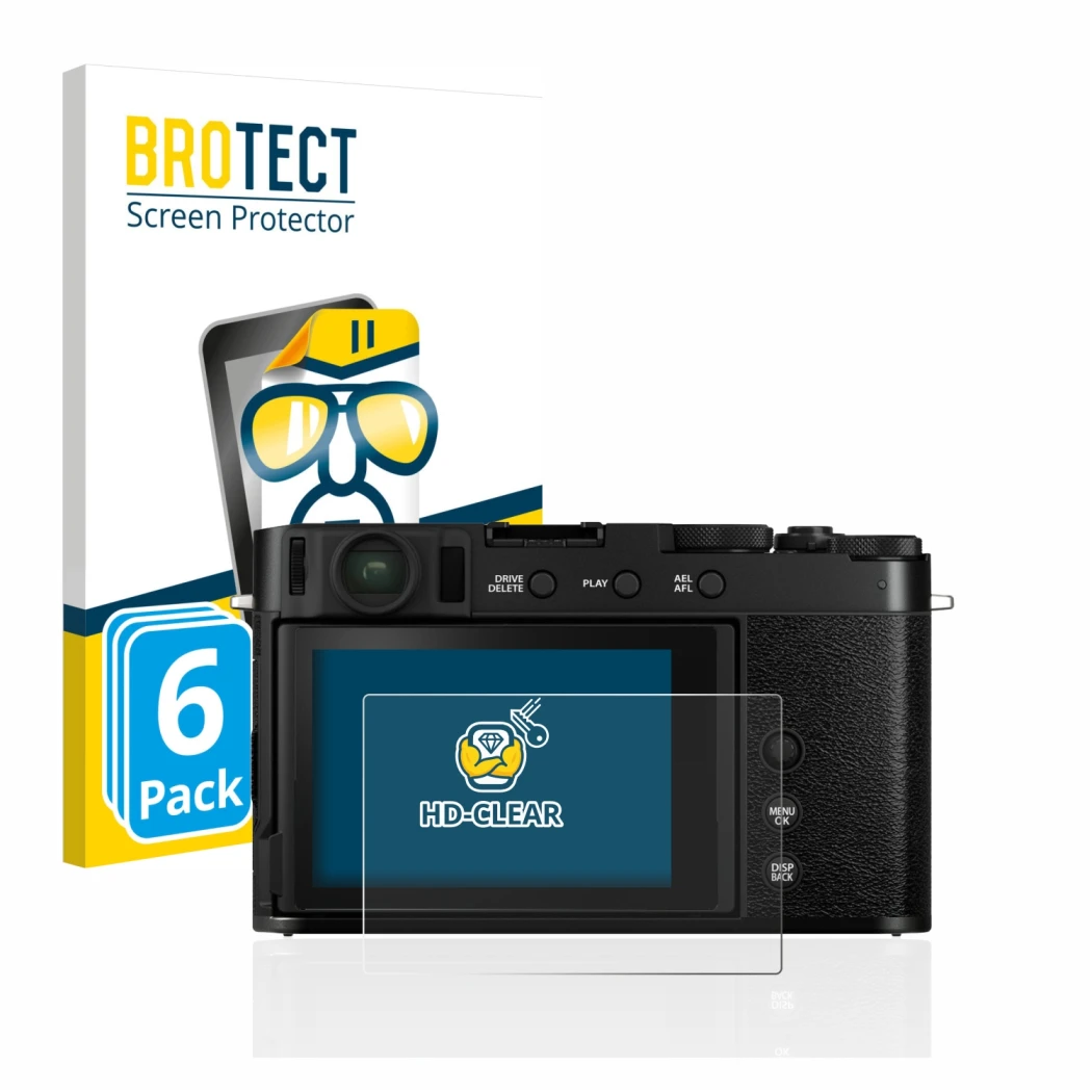 Face avant d’un emballage produit avec le logo de la marque BROTECT. À côté, l’appareil Fujifilm X-E4 est représenté avec la p