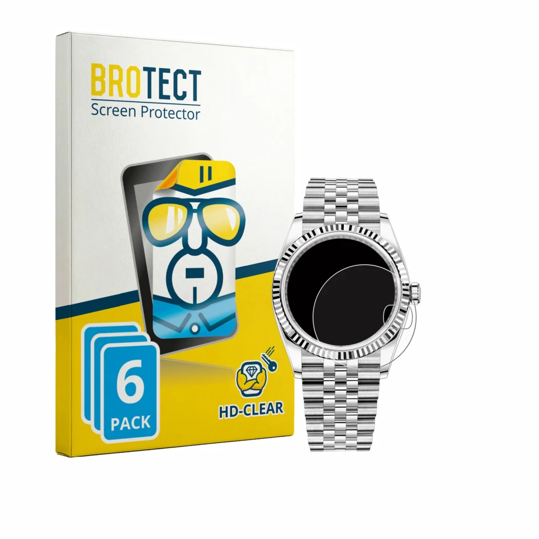 Face avant d’un emballage produit avec le logo de la marque BROTECT. À côté, l’appareil Rolex Datejust 36 est représenté avec