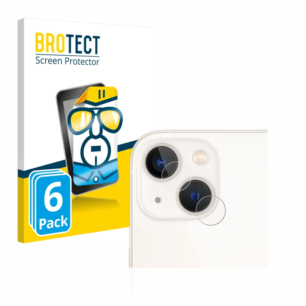 Face avant d’un emballage produit avec le logo de la marque BROTECT. À côté, l’appareil Apple iPhone 13 (Caméra UNIQUEMENT) es