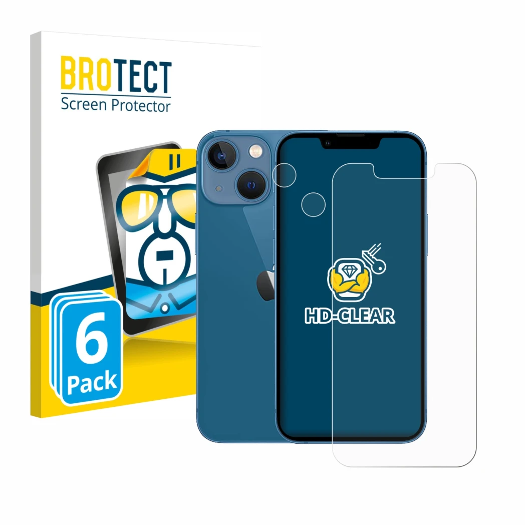 Face avant d’un emballage produit avec le logo de la marque BROTECT. À côté, l’appareil Apple iPhone 13 mini (Avant+Caméra) es