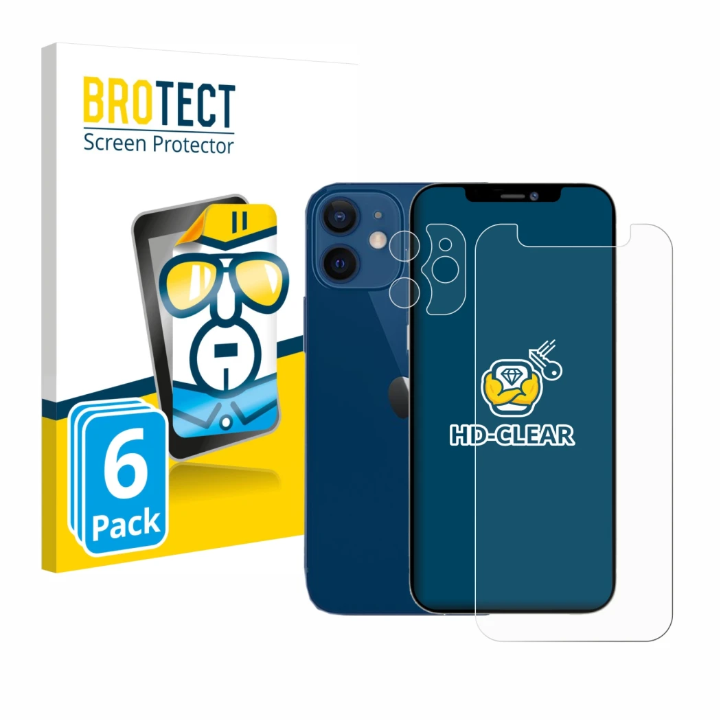 Face avant d’un emballage produit avec le logo de la marque BROTECT. À côté, l’appareil Apple iPhone 12 mini (Avant+Caméra) es