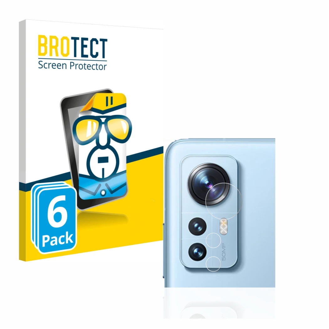 Face avant d’un emballage produit avec le logo de la marque BROTECT. À côté, l’appareil Xiaomi 12 Pro (Caméra UNIQUEMENT) est 