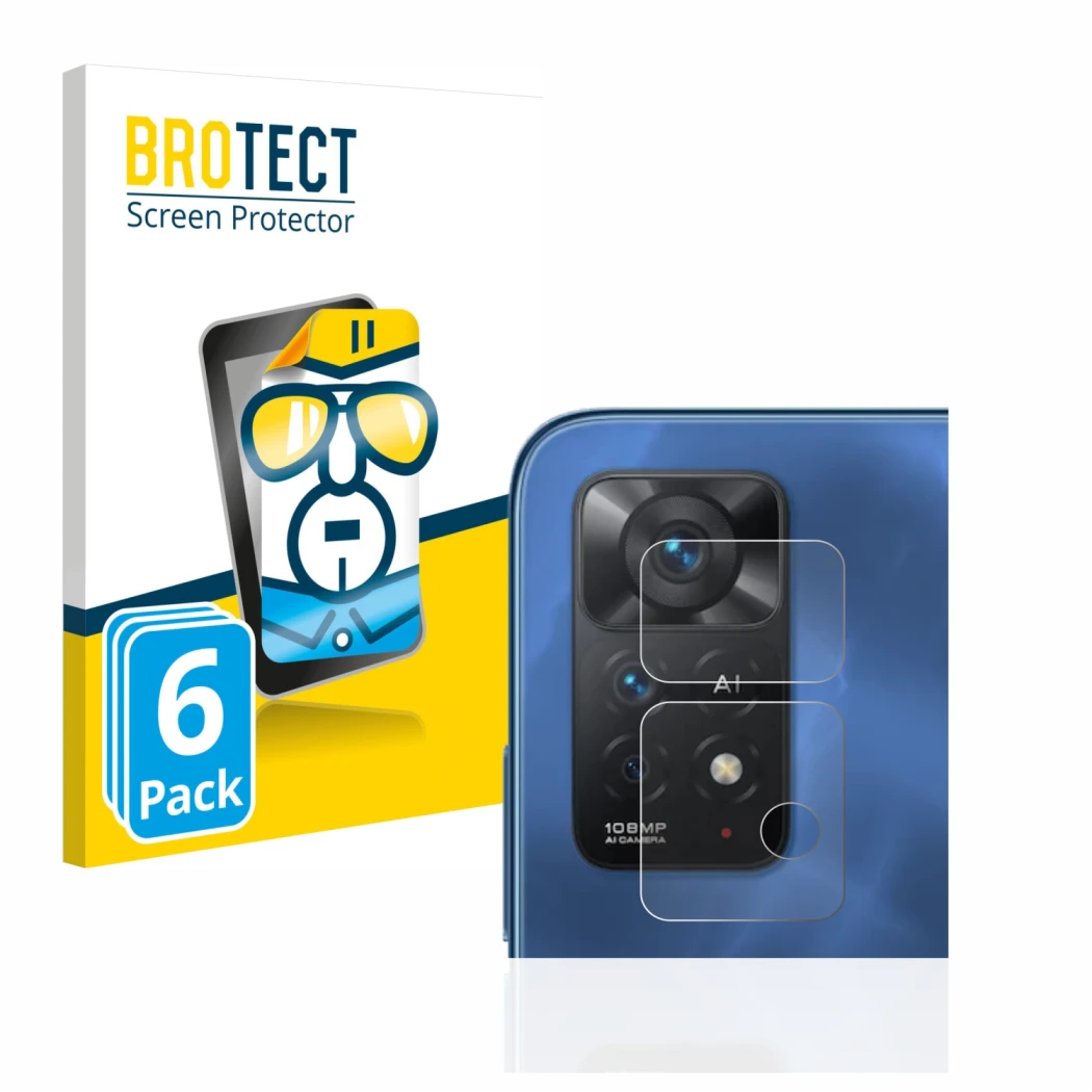 Face avant d’un emballage produit avec le logo de la marque BROTECT. À côté, l’appareil Xiaomi Redmi Note 11 Pro 5G (Caméra UN