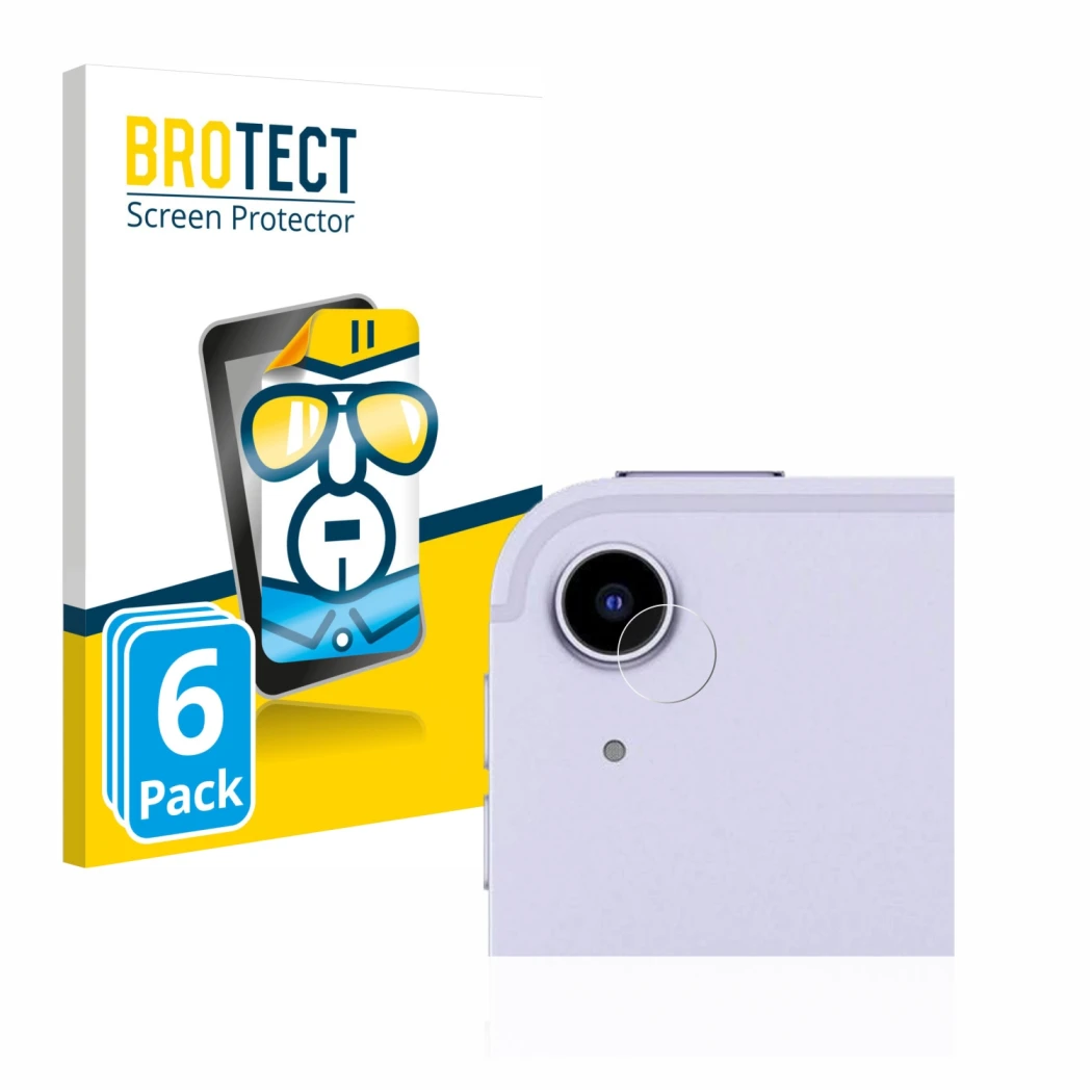 Face avant d’un emballage produit avec le logo de la marque BROTECT. À côté, l’appareil Apple iPad Air 5 WiFi 2022 (Caméra UNI