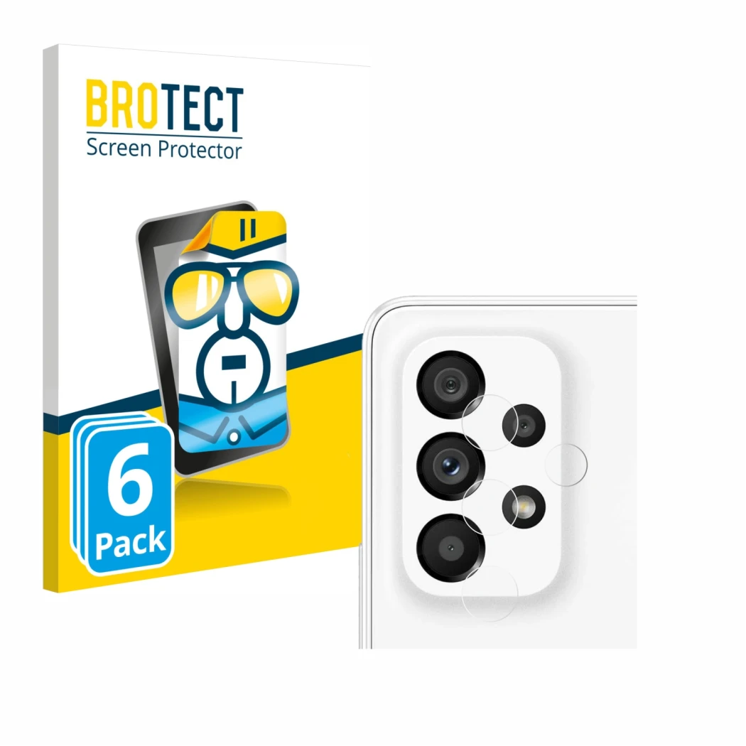 Face avant d’un emballage produit avec le logo de la marque BROTECT. À côté, l’appareil Samsung Galaxy A53 5G (Caméra UNIQUEME