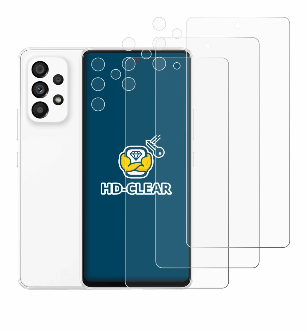 Image de l'appareil Samsung Galaxy A53 5G (Avant+Caméra) avec une grande variété de protections d'écran.