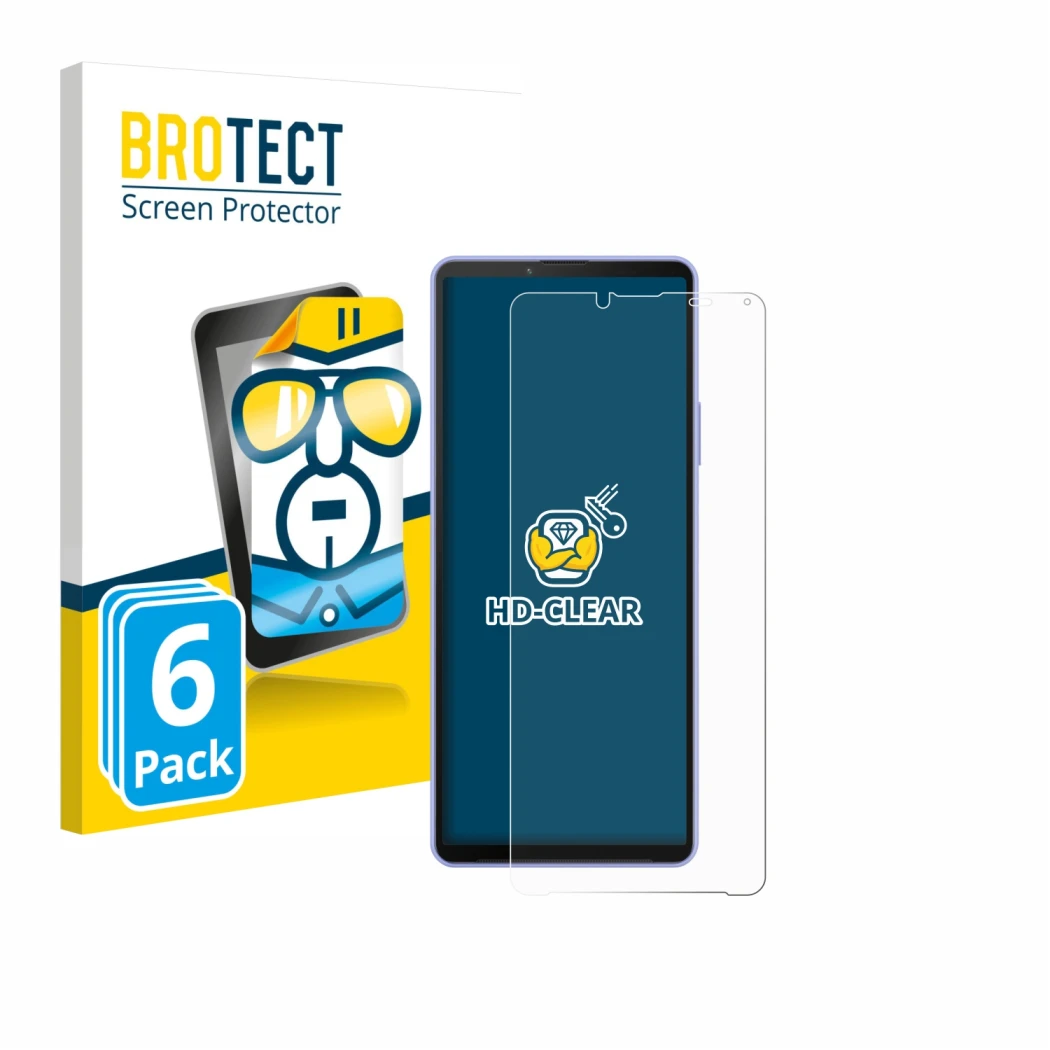 Face avant d’un emballage produit avec le logo de la marque BROTECT. À côté, l’appareil Sony Xperia 10 IV est représenté avec 